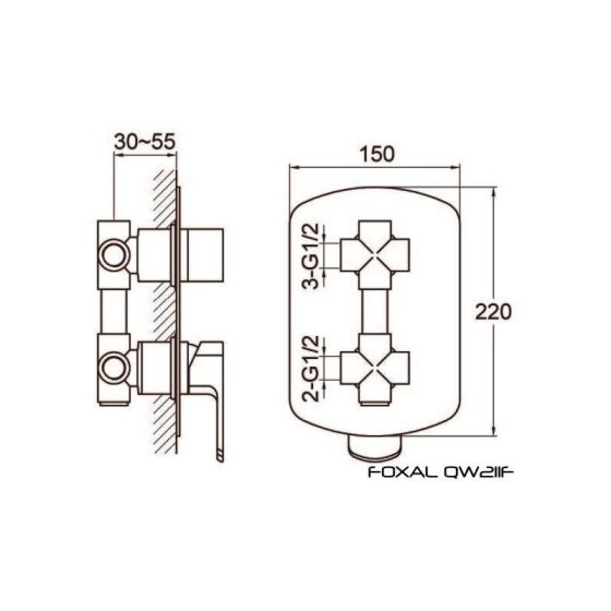 Rysunek techniczny baterii podtynkowej w zestawie wannowym Foxal QW211FQ30-009 firmy Kohlman.