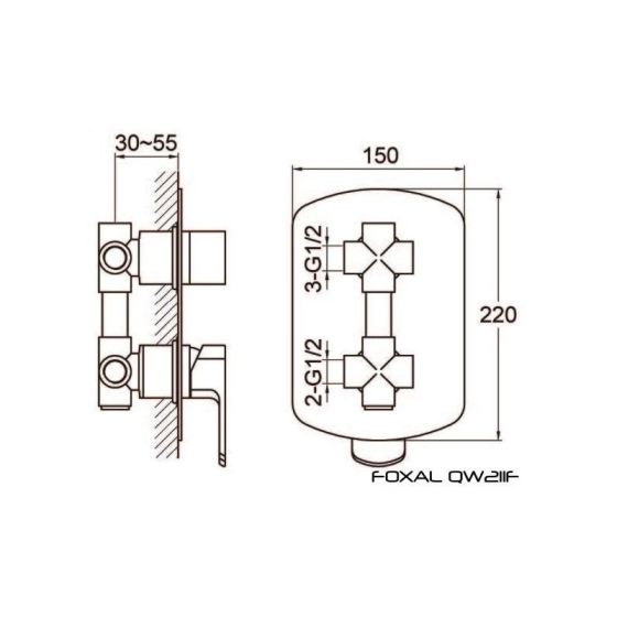 Rysunek techniczny baterii podtynkowej w zestawie wannowym Foxal QW211FR30-009 firmy Kohlman.