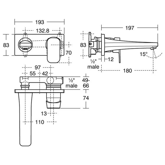 Rysunek techniczny Ideal Standard Tonic II bateria umywalkowa podtynkowa A334AA