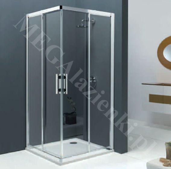 Narożna kabina prysznicowa z przesuwnymi drzwiami. Profil srebrny połysk. Top Line TOPAC09005007 firmy SanSwiss.