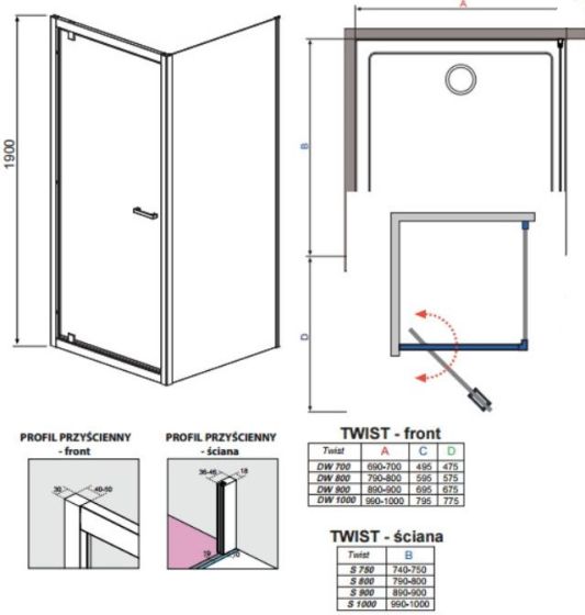 Rysunek techniczny kabiny prysznicowej ze ścianką boczną Twist DW+S firmy Radaway.