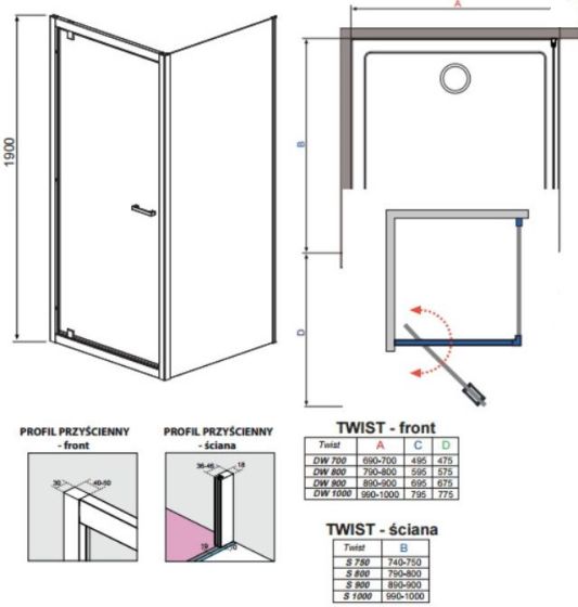 Rysunek techniczny kabiny prysznicowej ze ścianką boczną Twist DW+S firmy Radaway