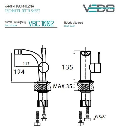 Rysunek techniczny baterii bidetowej Cento VBC1002 firmy Vedo, bez korka.