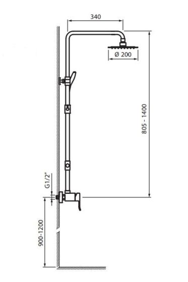 Rysunek techniczny kolumny natryskowej Cento VBC1007/20 firmy Vedo.