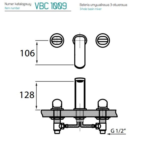 Rysunek techniczny baterii umywalkowej 3-otworowej bez korka, Cento VBC1009 firmy Vedo, z regulacją kierunku wypływu wody.