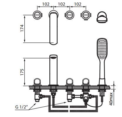 Rysunek techniczny baterii nawannowej Cento VBC1050 firmy Vedo.