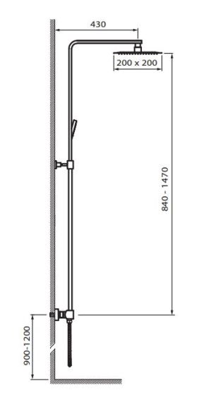 Rysunek techniczny kolumny natryskowej z deszczownią i baterią termostatyczną, Sette VBS7077/25 firmy Vedo.