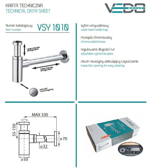Szczegółowy opis i rysunek techniczny syfonu umywalkowego VSY1010 firmy Vedo.