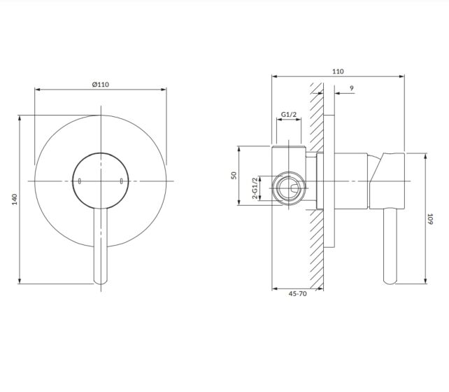 Omnires Y Bateria prysznicowa podtynkowa grafit Y1245GR rysunek techniczny