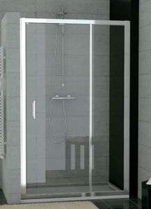 Drzwi prysznicowe do wnęki, jednoczęściowe ze ścianka stałą, profil srebrny połysk. Top Line TED08005007 firmy SanSwiss.
