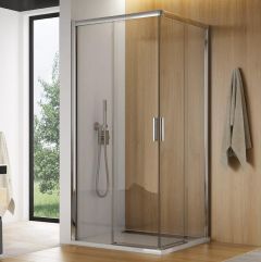 Narożna kabina prysznicowa Top Line TLSG1005007+TLSD0905007 firmy SanSwiss, z przesuwnymi drzwiami, profil srebrny połysk.